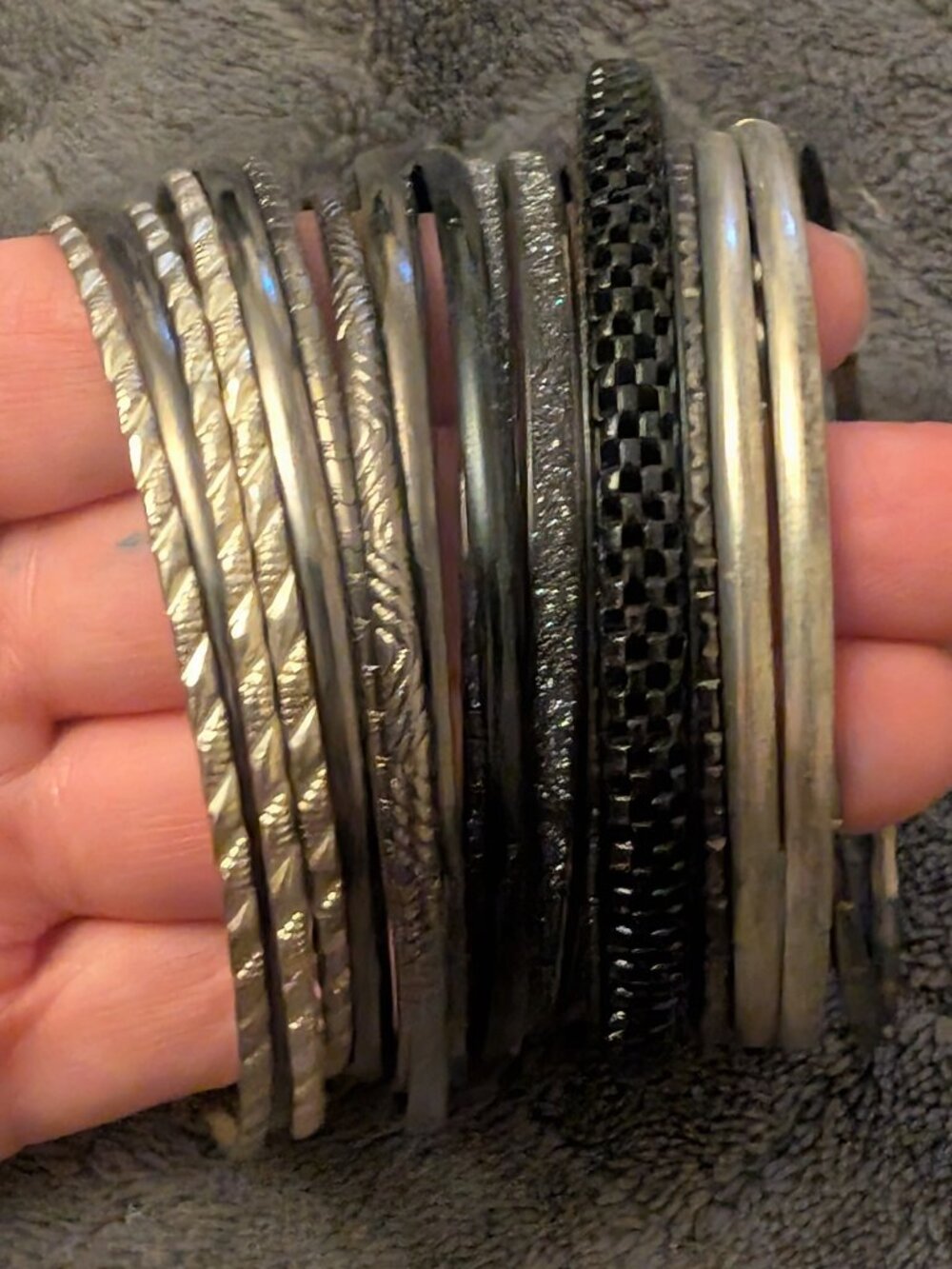 Set of 15 Silver Tone Stackable Bangles Bracelets